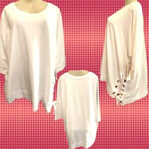 Nanette Lepore + 2X White Crew Neckline Rivet Tie Side 3/4 Sleeve Sweatshirt